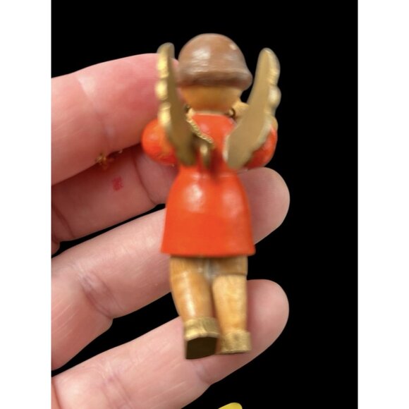 Erzgebirge Figure Ornament Wooden Angel playing Trumpet Musical Instrument 2.5" - Picture 3 of 10